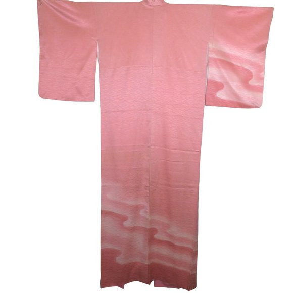 Japanese Kimono Silk Houmongi Vintage Pink Coral Peach Wave Water 63in Tsukesage - Picture 4 of 10